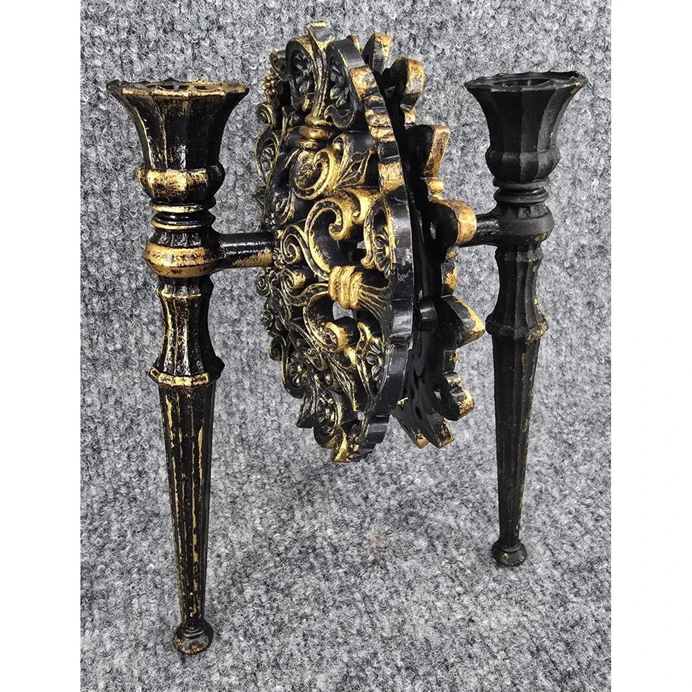 Vtg MCM Gothic Wall Sconces Black Antiqued Gold Holders Set of 4 Baroque Homco